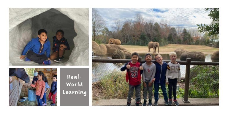 Real-World Learning 3 picture collage of students on two different field trips. Two pictures at the NC Zoo and one at Whitaker Farms. 