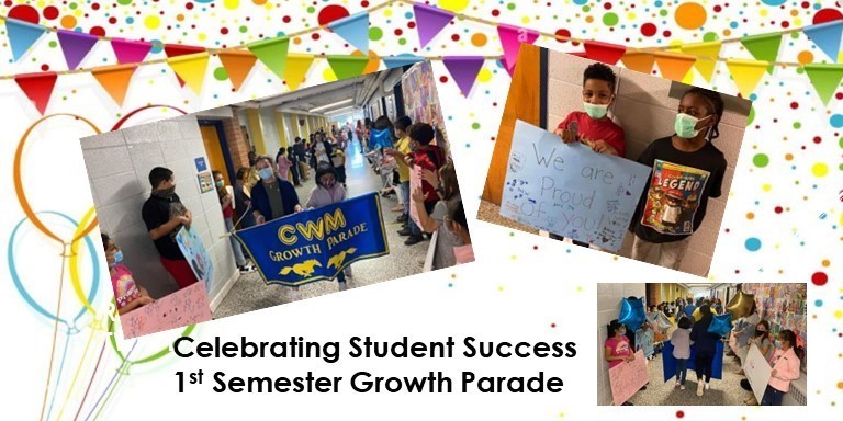 celebrating student success with 1st semester growth parade.  All k-5 students lined hallway to celebrate  with banner, balloons, and posters. 