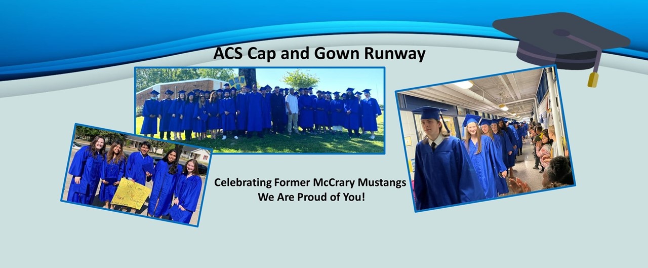 Three picture collage of ACS seniors who were McCrary Mustangs in cap and gown visiting McCrary walking in the hallway and posed outside