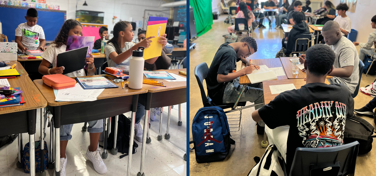 two separate images of students in class