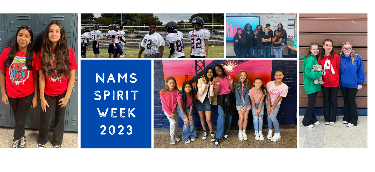 Collage of 5 photos. From left to right. Photo 1: 2 students are in front of lockers wearing matching red Spiderman shirts. Photo 2: 7 members of the football team are standing on the field wearing jerseys and helmets. Photo 3: A teacher and 7 students stand in front of a whiteboard while facing the camera and all are wearing matching black t-shirts. Photo 4: 7 students wearing pink shirts are smiling at the camera while standing in a line shoulder to shoulder in front of a wall. Photo 5: A student in a green hoodie, a student in a red hoodie with a giant white letter A, and a student in a blue hoodie are posing together in front of the school bleachers.