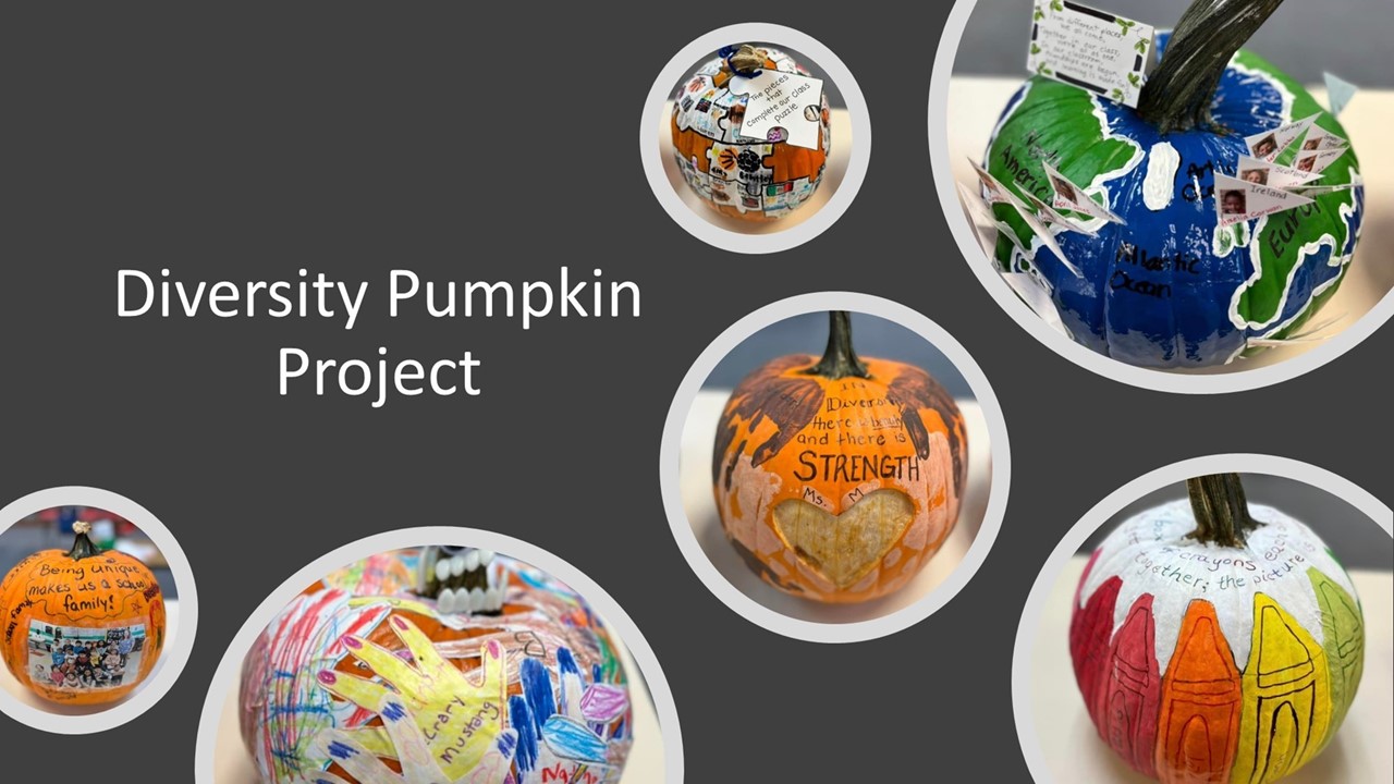 collage of 6 pictures of painted pumpkins by classrooms that represent their diversity