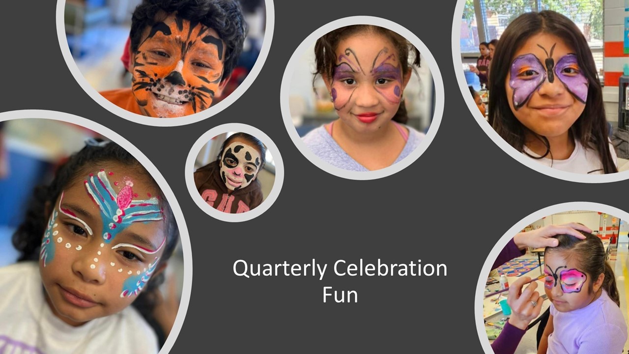 collage of 6 pictures of students getting their face painted as part of the school&#39;s quarterly celebration
