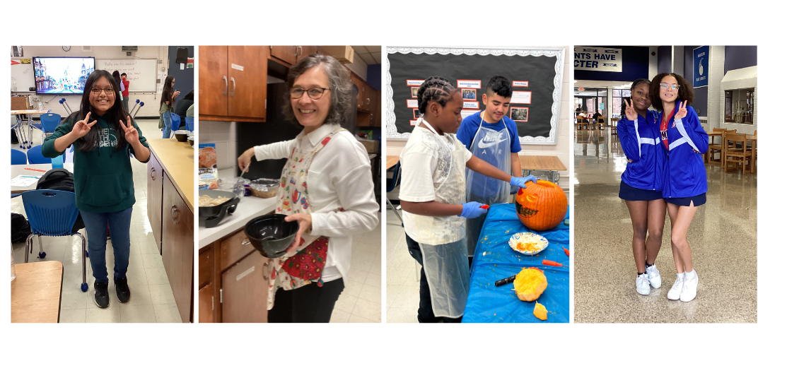 4 photos. from left: photo 1 is a student holding up peace signs while standing in a classroom. photo 2: a teacher smiles at the camera while cooking food on a stovetop. photos 3: two students are looking a a pumkin that they are carving that is on a table. photo 4: two cheerleaders pose arm in arm and smile at the camera while holding up peace signs.