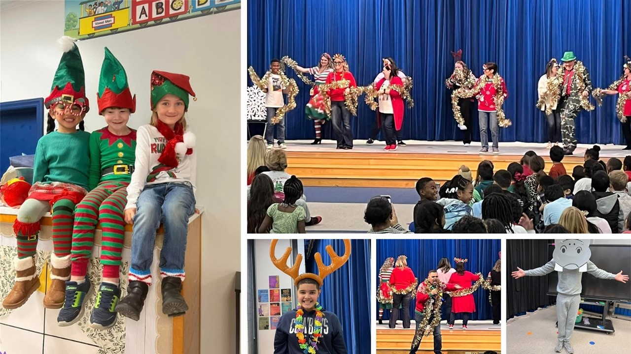 Collage of 5 pictures showing students and staff celebrating the holidays, dancing and singing. 3 elves sitting on a shelf.