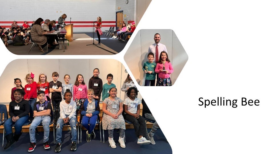 Collage of 3 pictures 1 with principal standing behind spelling bee winner and runner up. Another picture of group of grades 3-5 students that participated in spelling bee. last pictures shows audience of students watching participants spell.