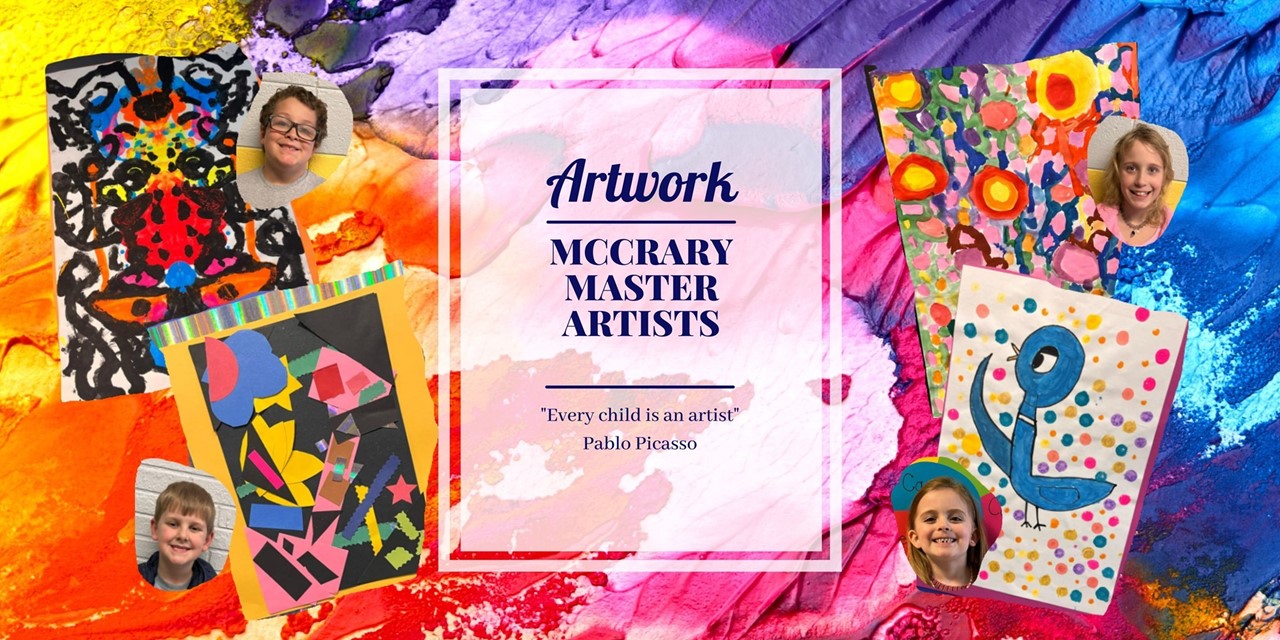 collage of 4 students and their artwork  Quote from Picasso Every child is an artist 