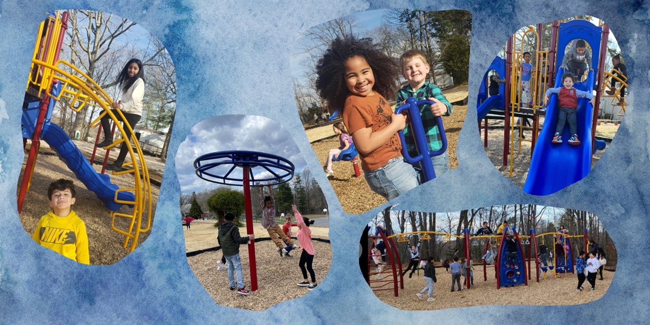 collage of 5 pictures with students playing on new playground equipment 