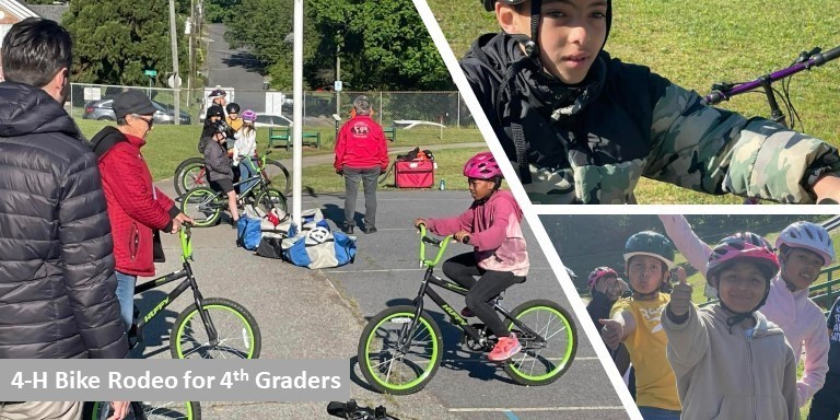 Collage of 3 pictures showing 4th grade students participating in a 4-H bike rodeo outside on the school blacktop area.