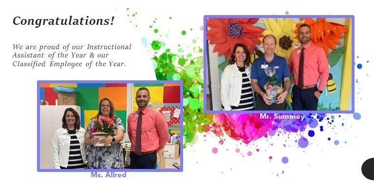 two photos, each shows the principal and assistant principal stand with the winner of instructional assistant and classified employee of the year 