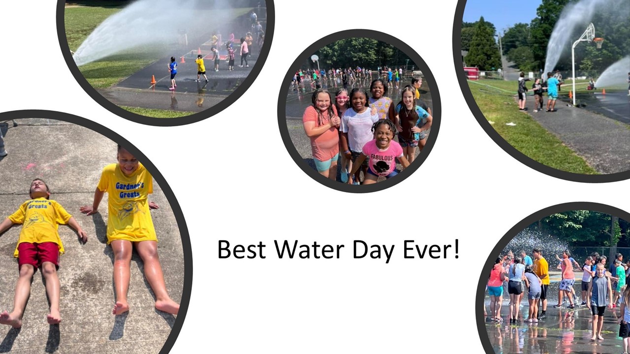 Collage of 5 photos showing students having fun on the blacktop while fire department hoses them with water.