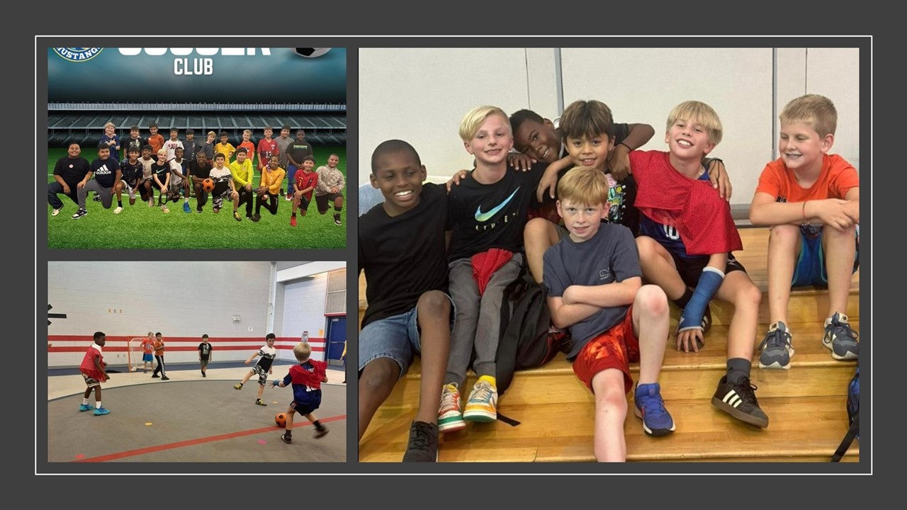 collage of three photos depicting the 3-5 soccer club. 2 group shots and one playing soccer indoors. 