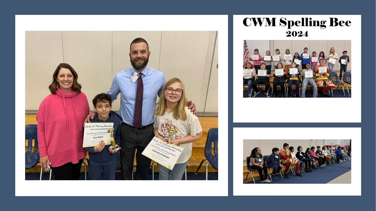 Collage of 3 pictures 1 with principal and assistant principal standing next to spelling bee winner and runner up. Another picture of group of grades 3-5 students that participated in spelling bee. last pictures shows participants during the spelling bee sitting in chairs waiting their turn.