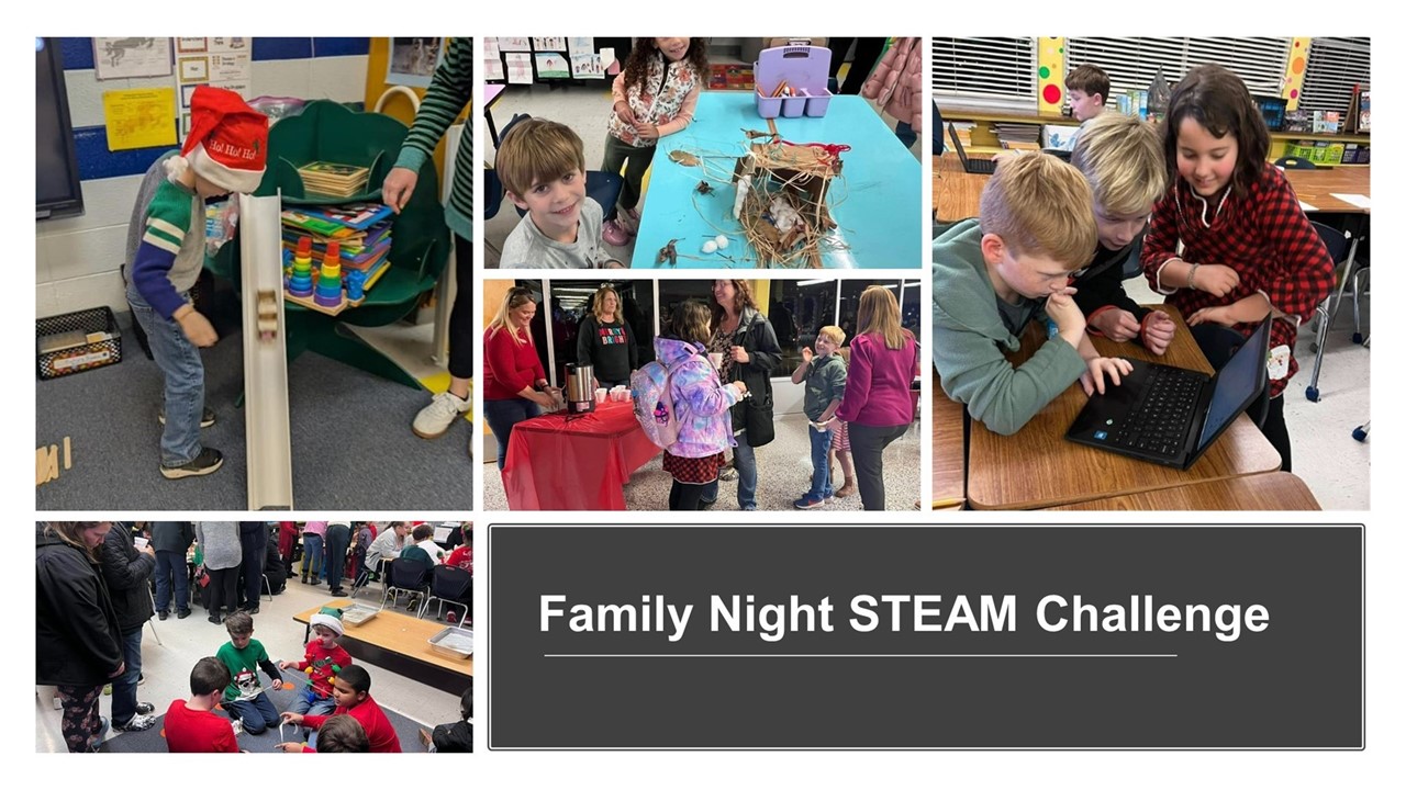 Collage of 5 photos depicting students and family members participating in a STEAM Family Night Challenge