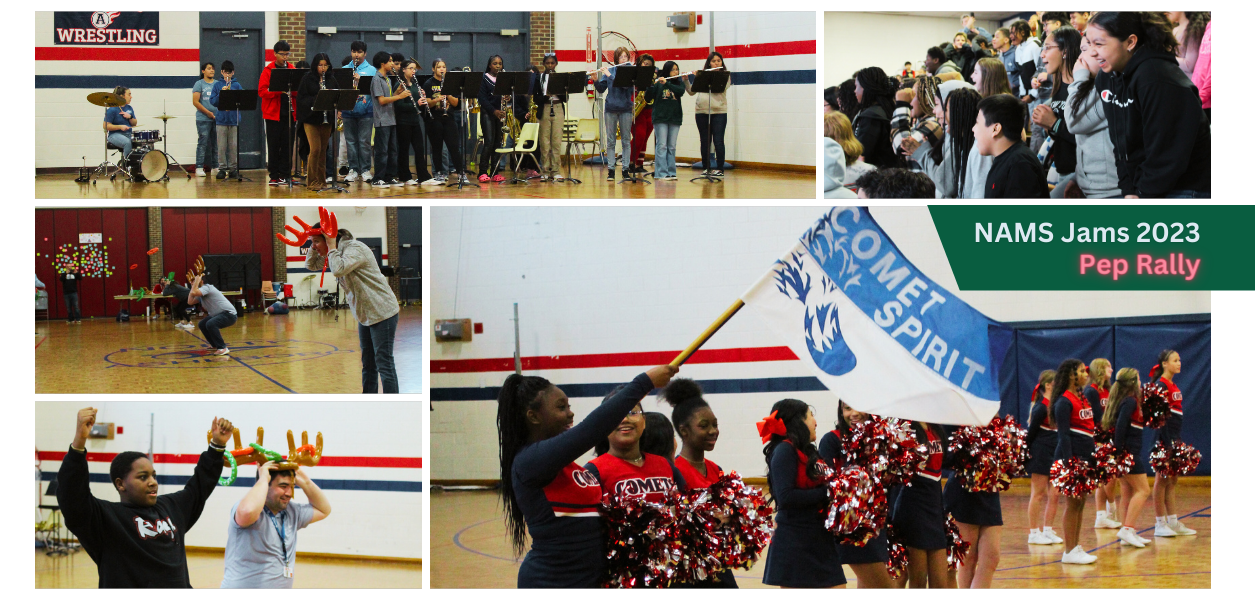 Collage of 5 photos. From Top left and clockwise, photo 1: the 8th grade band plays from the back of the NAMS Gym. Photo 2: 3 rows of students cheer while standing on bleachers. Photo 3: Cheerleaders cheer in a line while one waves a blue and white spirt flag that reads &#34;Comet Sprit&#34; Phots 4: Student rasies hands in victory while teacher with inflatable reindeer antlers laughs in background. Photo 5: 2 staff members catch inflatable rings on inflatable reindeer antler hats.
