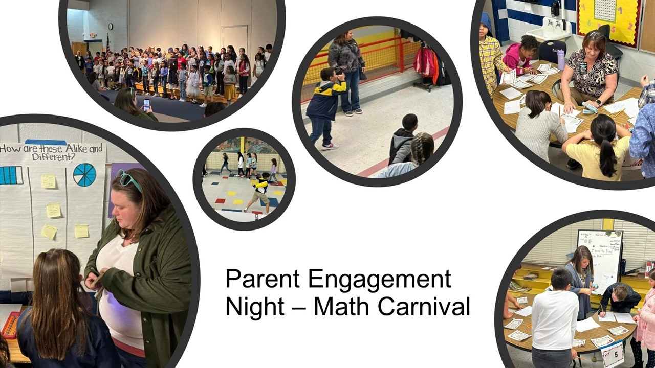collage of 6 pictures showing different events at parent engagement night.  School is having math carnival with math station and games. 