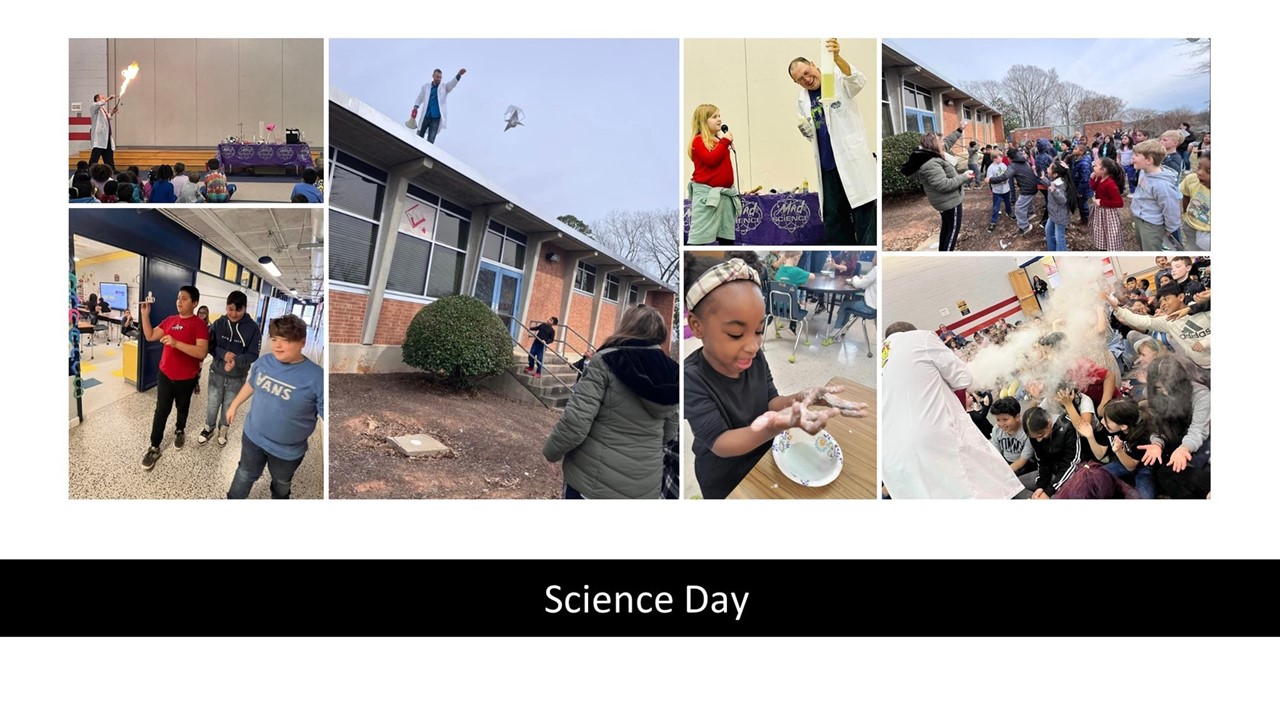 Collage of 7 pictures showing activities during the schools science day celebration.  Egg drop, mad scientist demonstration, students experimenting.