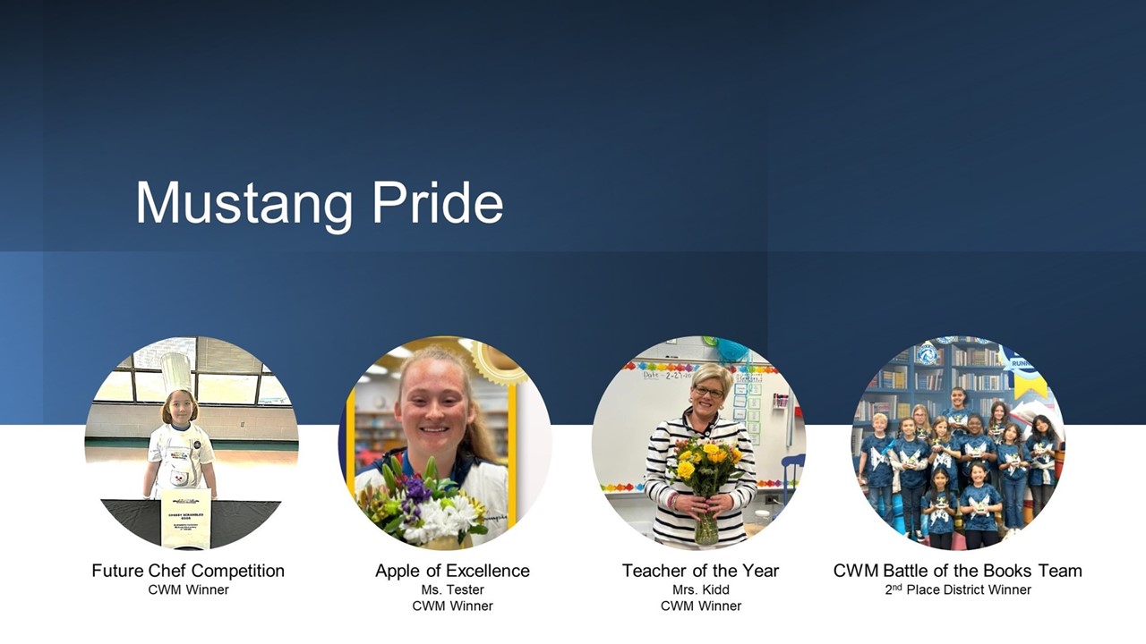 collage of 4 pictures showing Mustang Pride 1st picture cwm cooking contest winner, 2nd picture Ms Tester CWM Apple of Excellence winner, 3rd picture Mrs. Kidd CWM Teacher of the Year, 4th picture CWM Battle of the Books team 2nd place district winner
