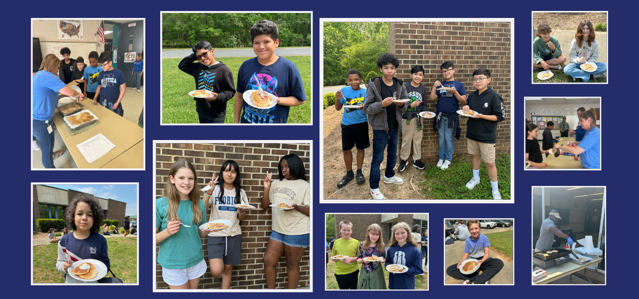 10 photos in a collage on a blue background. Photos 1: adult helps 4 students fix a plate of pancakes. Photo: 2 students smiling at camera with a plate of panckaes while standing outside. Photo 3: 5 students smile at camera standing outwside with a plate of pancakes in from ot a brick wall. Photo 4: two student sit on a sidewalk eating pancakes. Photo 5: adult helps a student fix a plate of pancakes. Photo 6 adult is outside at fixing pancakes on an electric griddle. Photo 7: Students sitting on sidewalk smiling at camera with a pancake on a plate  Photo 8: 3 student smile at camera holding a plate with pancakes while outside Photo 9: three students smile at camera standing in front of a brick wall with a plate of pancakes. Photo 10: student smiles at camera with a plate of pancakes while standing outside of a school