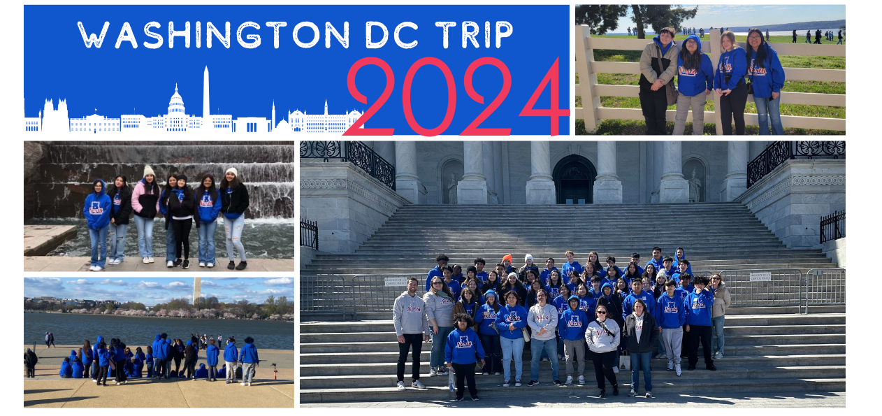 Title of photo collage is &#34;Washington DC Trip 2024&#34; Photo 1: four students stand outside in front of a white fence Photo 2: Group photo of students in blue NAMS Hoodies on the stairs of the US Capital Photo 3: Group of 20 student walk towards body of water with the Washington Monument in the backgorund Photo 4: 7 students smile at camera in from of a water fountain