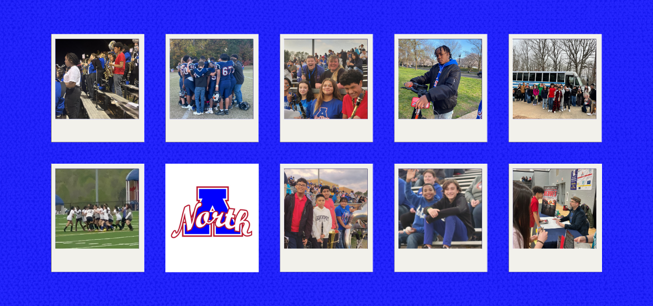10 photos in a collage on a blue background. Photo 1: band students play Photo 2: footbal team huddles Photo 3: teahcers and students smile at cemra with instruments Photo4: student poses for picture Photo 5: group poses outside of school bus Photo 6: student gets book signed by author Alan Gratz Photo 7: 2 students psoe and wave at camera while sitting on bleachers Photo 8: band student smile at camera with instruments Photo 9: NAMS Logo Photo 10: Girls soccer team huddles 