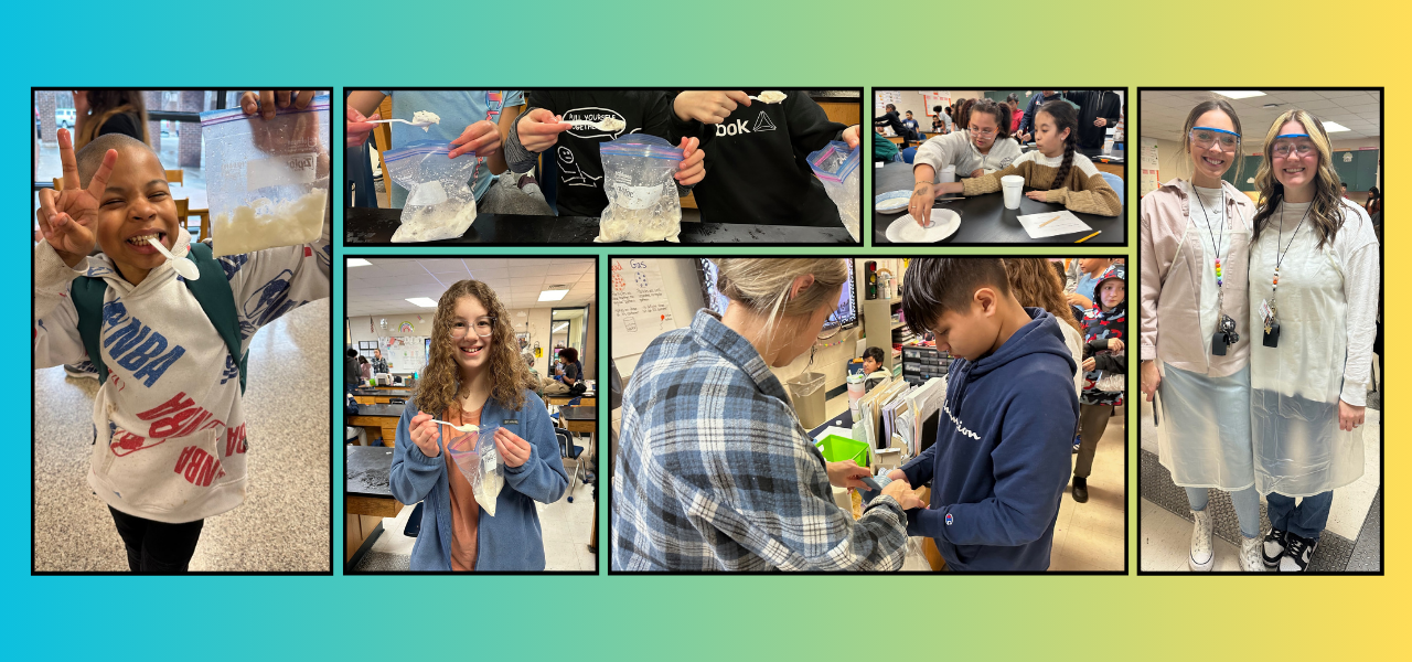 Collage of 6 photosw on a background that faes form teal to yellow. Photo 1: Student holds up peace sign while smiling with spoon in mouth and ziplock bag of homemade ice cream Photo 2: three student (torso shown only) holding up a bag of ice cream and a spponful each. Photo 3: two students pick up material for making ice cream Photo 4: two teachers smil at camera wearing aprons and lab classes Photo 5: teacher helps student assmble ice cream bag Photo 6: student smile at camer with bag and spoonful of ice cream.