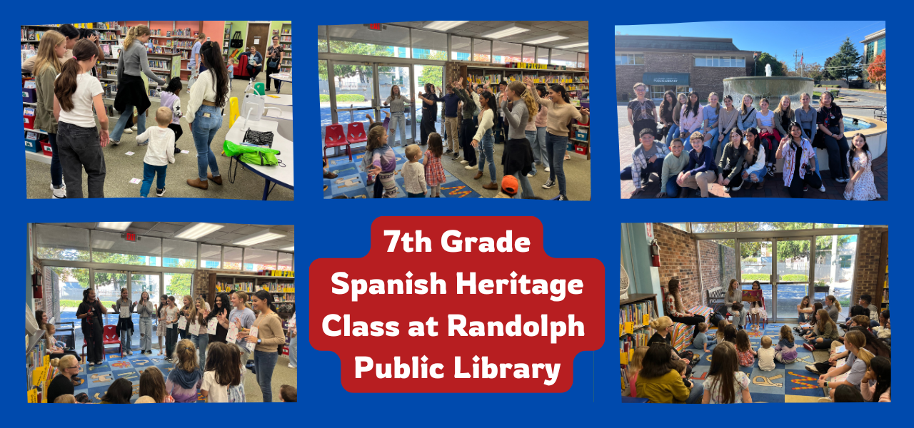 7th Grade Spanish Heritage Class at Randolph Public Library. Image 1 - a group of people standing around in a library. Image 2 - a group of children standing in front of a group of adults. Image 3 - a group of children and adults standing in front of a bookshelf Image 4 - a group of students posing for a photo in front of a fountain. Image 5 - a group of children sitting on the floor in a library
