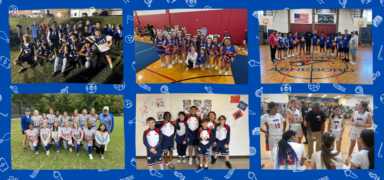 Image 1 - The football team is posing for a group photo. Image 2 - The softball team is posing for a group photo. Image 3 - The cheerleading team is posing for a group photo. Image 4 - members of the wrestling team posing for a picture in front of a wall Image 5 - The basketball team is posing for a group photo. Image 6 - a group of basketball players talking to their coach