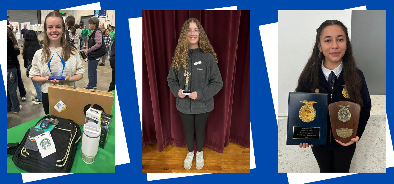 Image 1 - a person is standing in front of a table with a laptop and other items holding a trophy. Image 2 - a person with curly hair holding a trophy in front of a curtain. Imgae 3 - a person holding two awards in front of a wall.