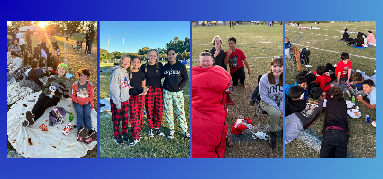Image 1 -a group of people sitting on blankets in the grass. Image 2 - Four individuals wearing plaid pajamas on the field. Image 3 - a group of teahcers and students posing for a picture on the field. Image 4 - a group of kids sitting on the grass in a circle talking and eating food.