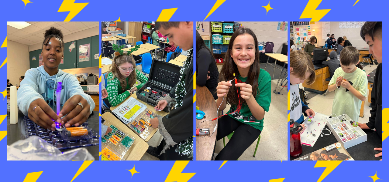 Image 1 - a person is working on a project in the science lab. Image 2 - a group of students working on electronics in a classroom. Image 3 - A person in a green shirt is sitting at a table with some wires. Image 4 - students working on a project in a science lab.