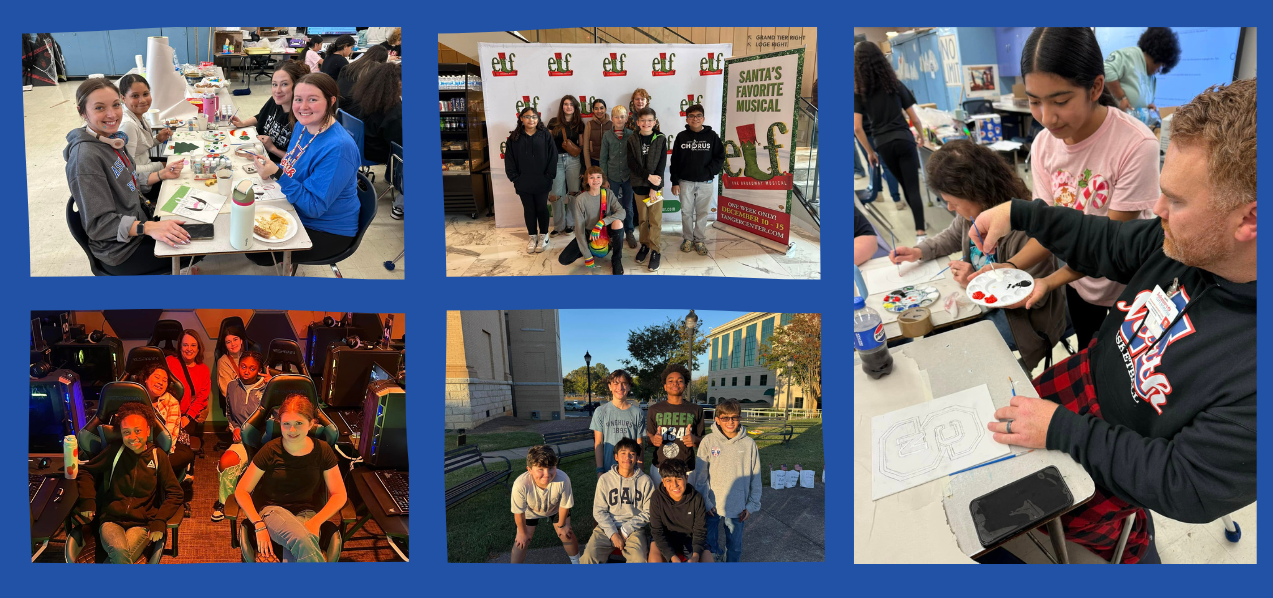 Image 1 - a group of teachers and students individuals sitting at a table painting. Image 2 - six studetns and a teacher sitting in front of computers in an eSports lab. Image 3 - a group of people posing for a photo in front of a banner for Elf the Mucical. Image 4 - a group of people posing for a photo outside during the daytime. Image 5 - a principal painting with students in a classroom