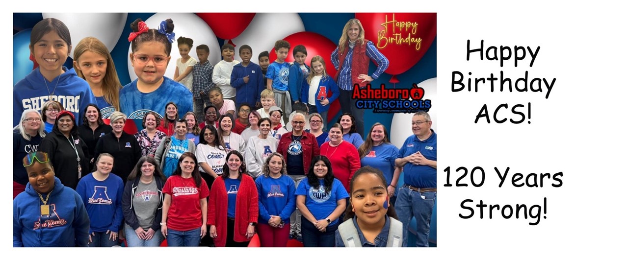 Collage of staff and students wearing red white and blue.  Happy Birthday ACS! 120 Years strong