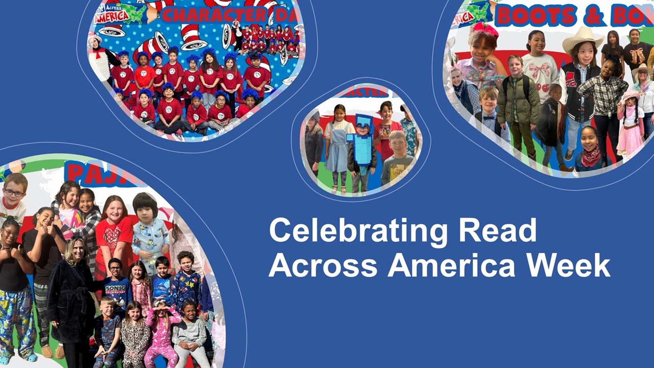 collage of 4 pictures celebrating read across America week. boots and bows, favorite character, pajama day