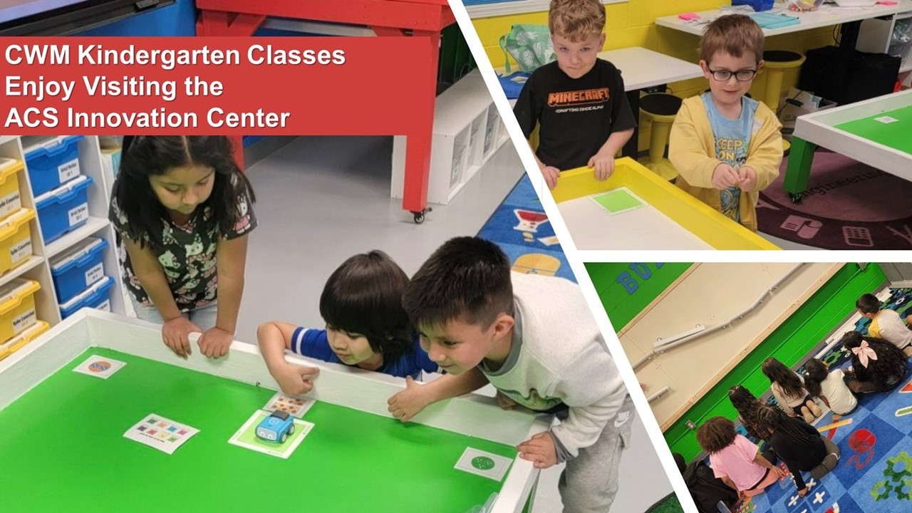collage of 3 pictures showing kindergarten students visiting the ACS Innovation Center and exploring small robots