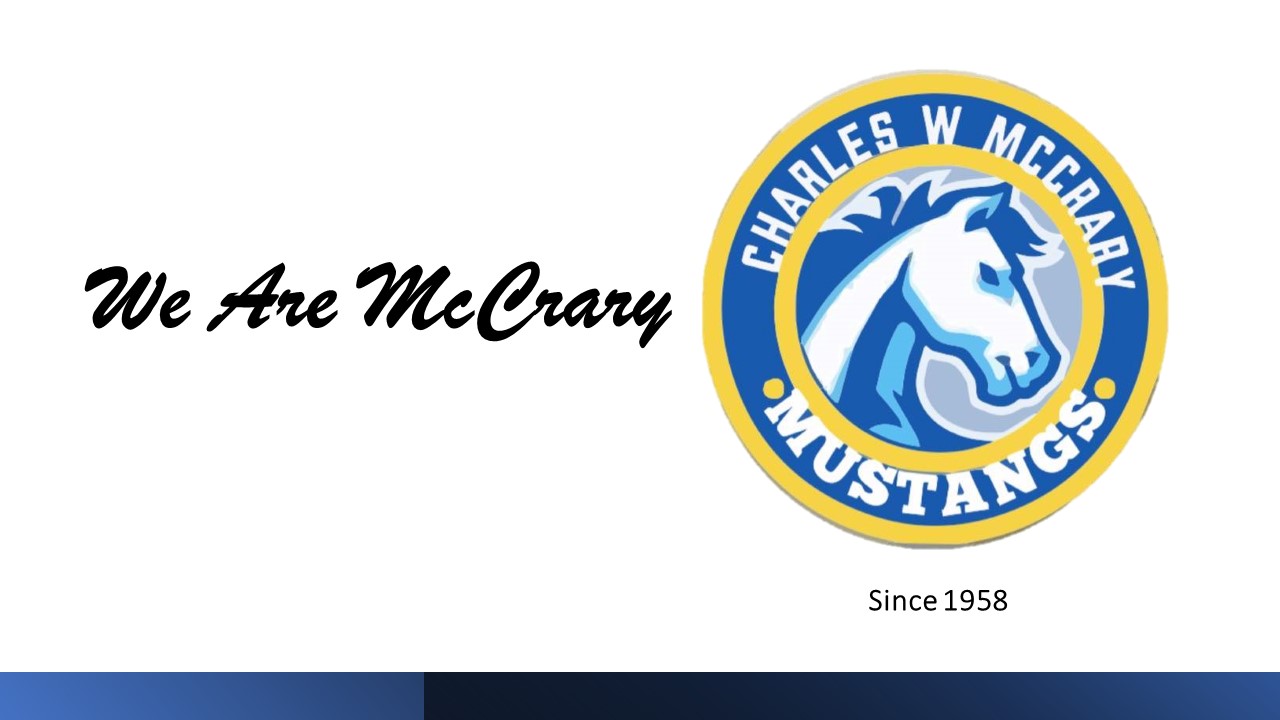 McCrary School Logo with head of a mustang horse we are mccrary